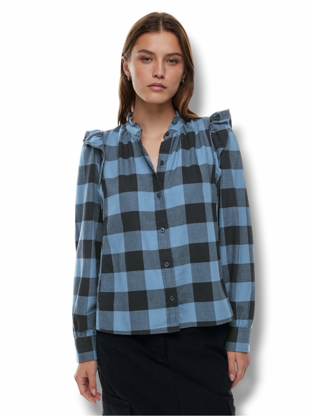 Aritzia Wilfred Free Organic Cotton Curiosity Shirt Buffalo Plaid Flannel Ruffle